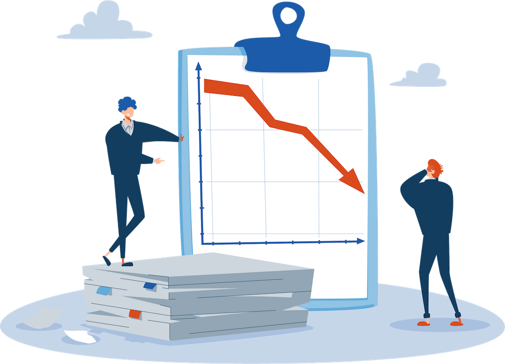 イラスト：市場の低下により赤い矢印が右肩下がりで落ちるのを頭を抱えて見ています