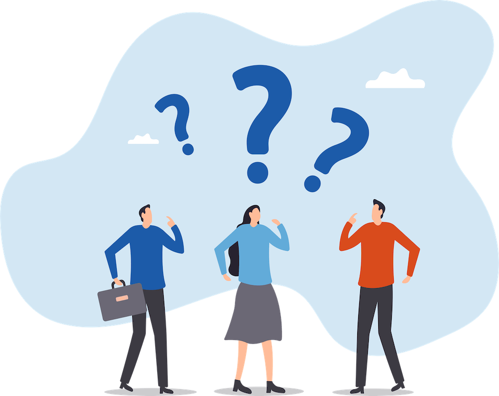 イラスト：3人の男女が疑問を抱いています